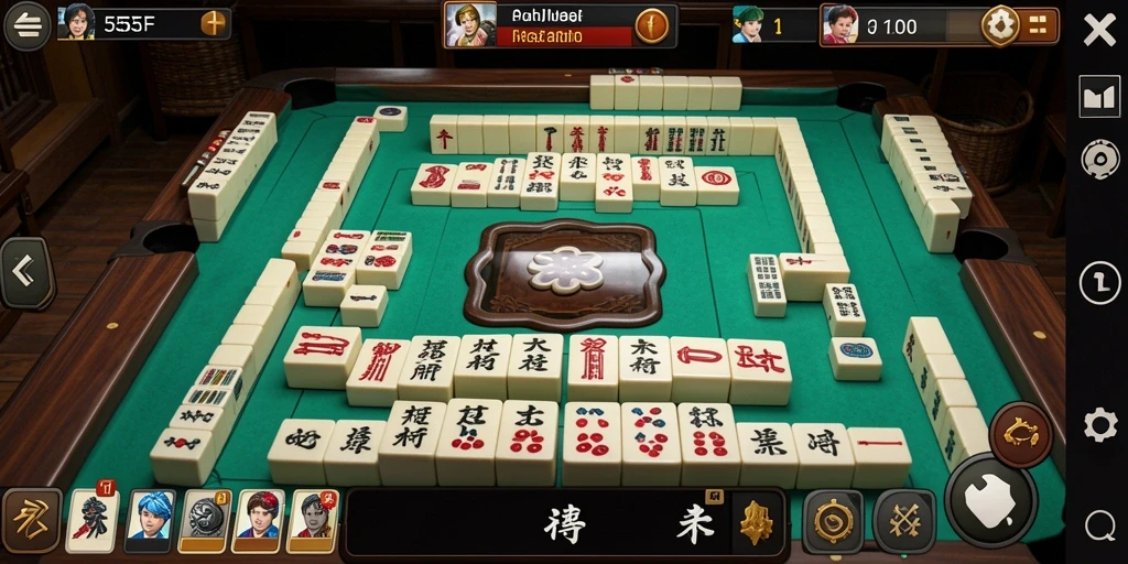 Tampilan gameplay menantang dari game Mahjong 555F dengan ubin-ubin berwarna.
