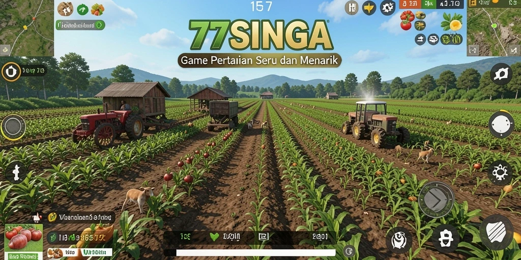 Tangkapan layar utama 77SINGA menunjukkan gameplay pertanian yang seru dengan grafis menarik.