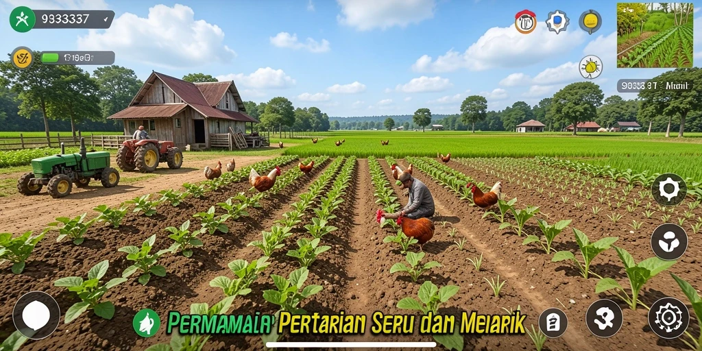 Screenshot gameplay 93337 menampilkan petani sedang merawat ladang yang subur.