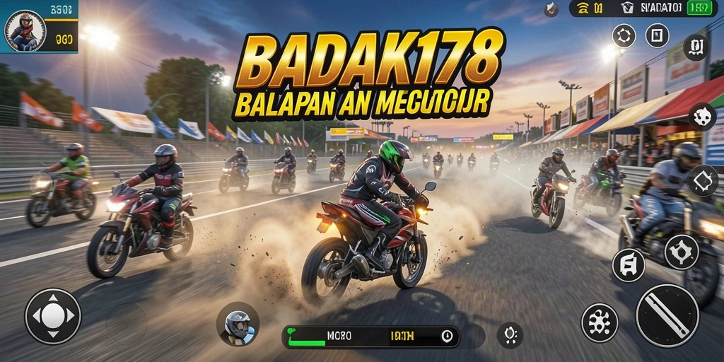 Tampilan gameplay menarik dari BADAK178 dengan motor balap di trek yang menantang.
