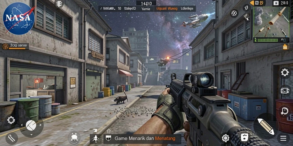 Tangkapan layar dari gameplay mendebarkan NASA4D dengan aksi tembak-menembak luar angkasa.