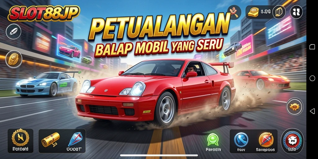 Tampilan menarik dari gameplay balap mobil di SLOT88JP.